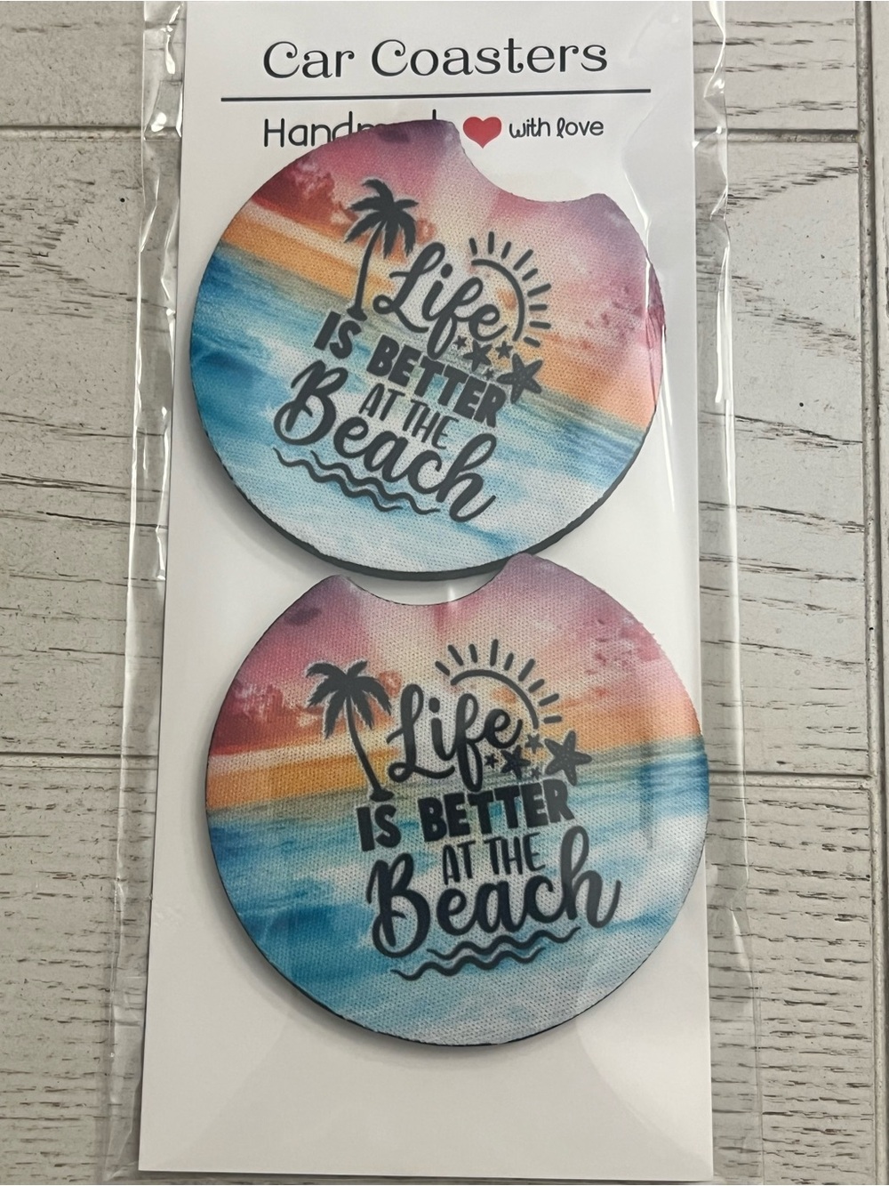 Handmade Beach Life Car Coaster Set - Blue Pink Sunset